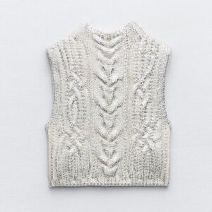 Zara Ivory Metallic Cowl Neck Cable Knit Sweater